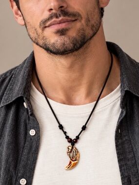 Lion Head Fang Style Pendant Necklace Black Cord Boho Statement (N10)